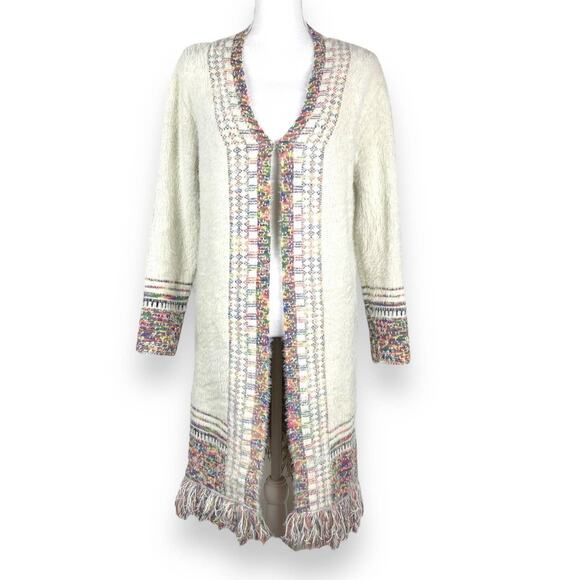 Janice Fuzzy Longline Cardigan Cream Southwestern Trim Fray Fringe Medium - Picture 9 of 14